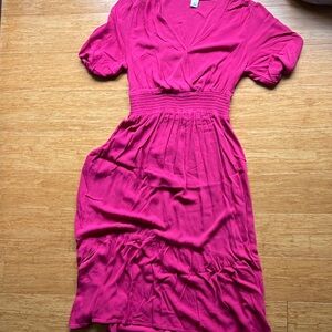 Old Navy Pink Ruched Wrap Sundress with Puff Sleeves